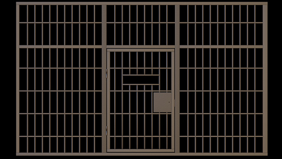 Prison metal bars, closed cell door. 3D Prison cells, Iron jail cage. Crime, punishment and amnesty concept.