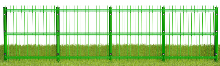 V Mesh Metal fence on the green grass isolated on white background with clipping path. Garden, decoration, landscape concept.