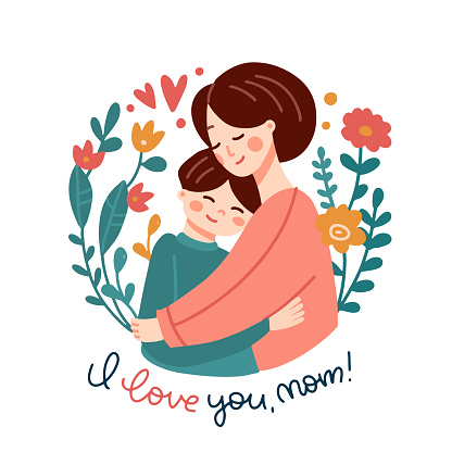 Asian woman cuddling her child. Mom hugging her son with a lot of love and tenderness. Mother's day holiday isolated concept. Hand drawn flat isolated vector design