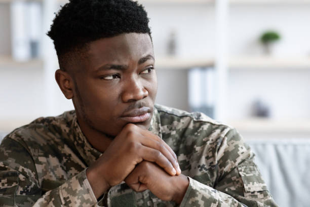 istock Serious african american man soldier looking at copy space 1467886618