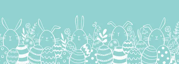 Vector illustration of Cute hand drawn Easter horizontal seamless pattern with bunnies, flowers, easter eggs, beautiful background, great for Easter Cards, banner, textiles, wallpapers - vector design