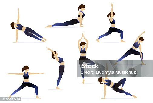 istock Big set of vector silhouettes of woman doing yoga exercises. Colored icons of a girl in many different yoga poses isolated on white background. Yoga complex. Fitness workout. 1467887710