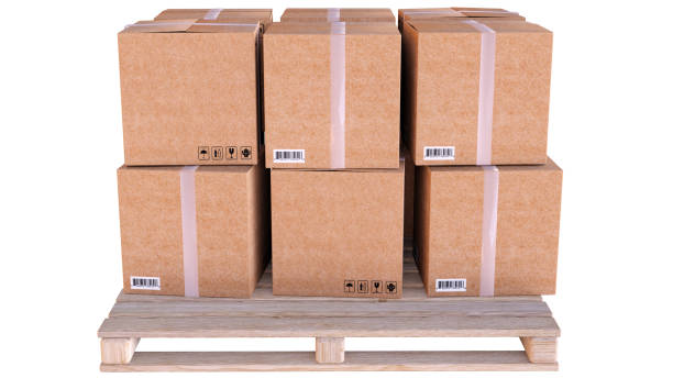 istock Cardboard boxes on pallet on shelves in warehouse isolated on white background with clipping path. 3D illustration 1467888151