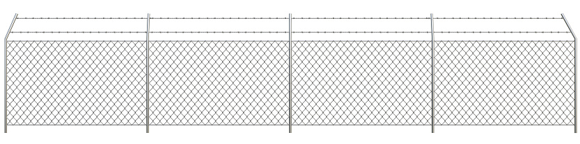 Metal chain link fences and Barbed Wire isolated on white background with clipping path. 3D illustration