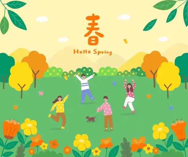 Vector illustration of translation-Spring, Hello Spring, Spring is coming, man and woman are dancing