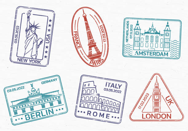 ilustraciones, imágenes clip art, dibujos animados e iconos de stock de viajes, sellos de pasaporte o sellos con puntos de referencia de la ciudad. insignias vintage con textura grunge. ilustración vectorial. - berlin germany brandenburg gate germany monument