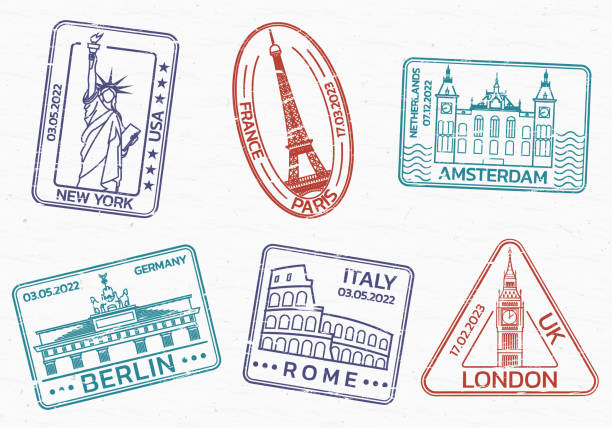 여행, 여권 스탬프 또는 도시 랜드마크가 있는 인장. 그런지 질감의 빈티지 배지. 벡터 그림입니다. - passport passport stamp usa travel stock illustrations