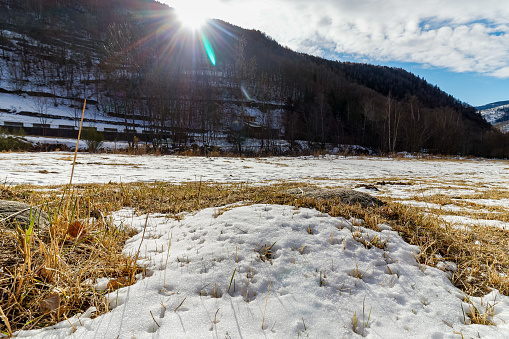Very high resolution panoramic photo of a sunny Winter day on Dolomiti di Sesto. Bolzano Province. Trentino-Alto Adige. Italy.