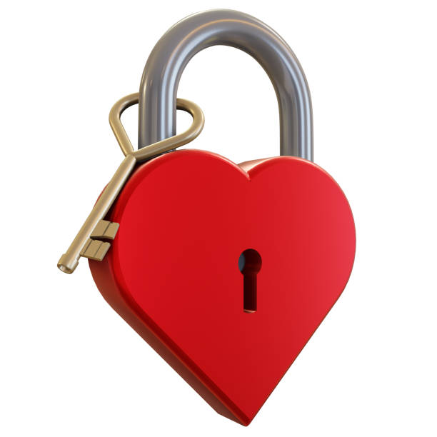 istock Heart shaped closed padlock and key isolated on white background with clipping path. 3D illustration.  Valentine's day, love, relationships concept 1467890904