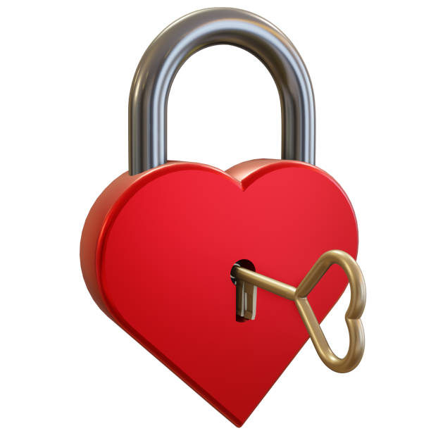 istock Heart shaped closed padlock and key isolated on white background with clipping path. 3D illustration.  Valentine's day, love, relationships concept 1467890947