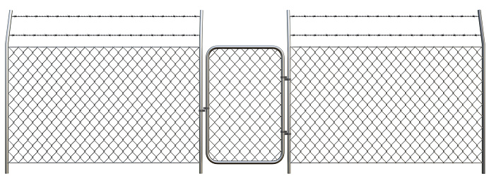 Metal chain link fences barbed wire and metal door isolated on white background with clipping path. 3D illustration