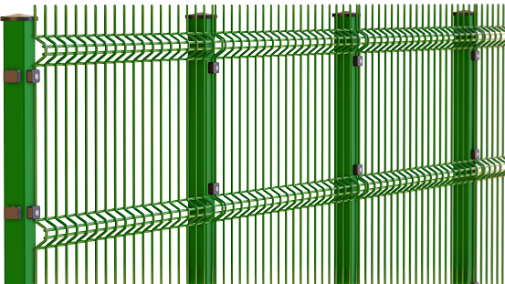 Green Metal V Mesh Fence. Weld Mesh Panel Fence Systems - Fencing Backyard Metal Bar Fence  isolated on white background with clipping path. 3D illustration
