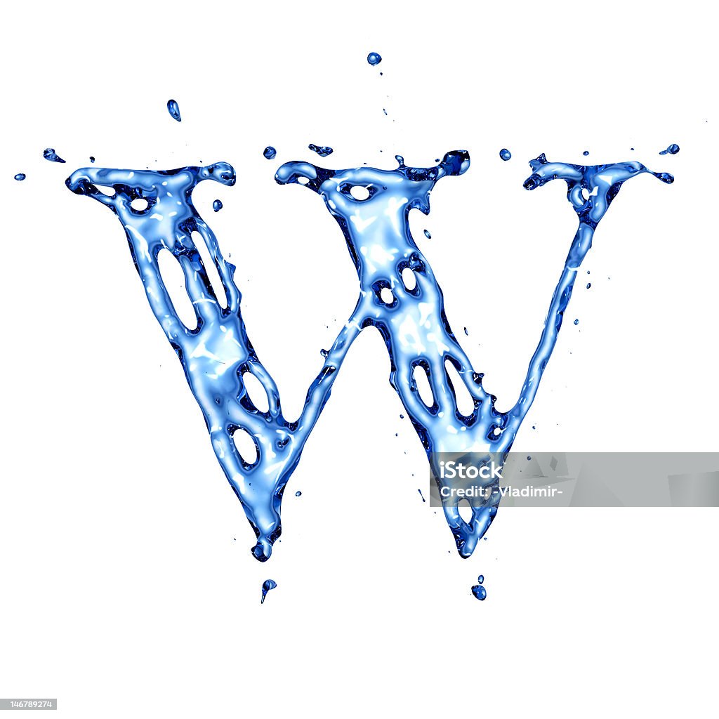 Blue liquid water letter W Blue liquid water alphabet with splashes and drops - letter W Letter W Stock Photo