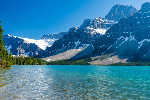parco nazionale di banff bellissimo paesaggio. bow lake in estate. alberta, canada. - bow lake foto e immagini stock