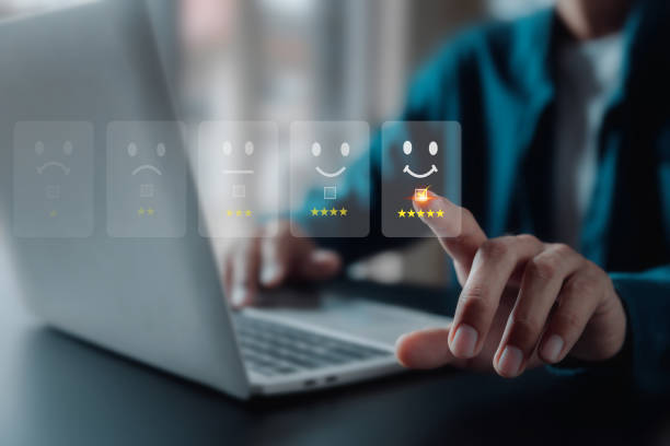 istock Customer services best excellent business rating experience. Satisfaction survey concept. user give rating to service experience on online application . 1467895066