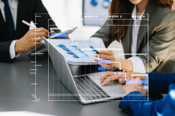istock Project manager working and update tasks with milestones progress planning and Gantt chart scheduling diagram.business tram working at office 1467897410
