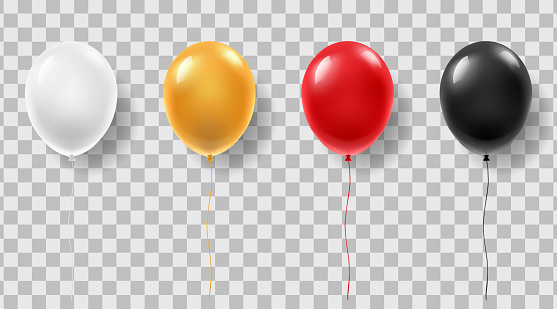 Set of festive balloons in different colors, black, white, red and gold.