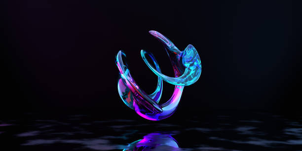 3d render, abstract pink blue curvy glass ribbon and reflection on the ground . pink blue neon light effect.