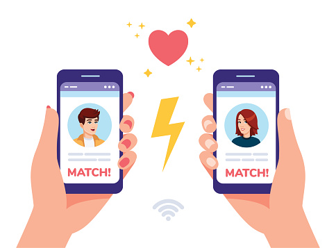 A man and a woman holding smart phones with profiles of each other in dating service app. Virtual relationship, social media dating, profiles match flat style illustration