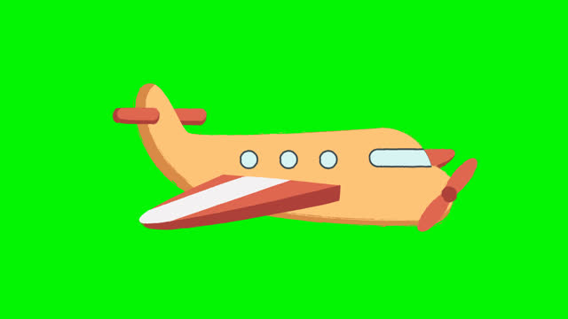 cute orange airplane flying with propeller on green screen background