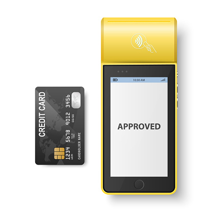 Vector 3d Yellow NFC Payment Machine, Approved Status and Credit Card Isolated. Wi-fi, Wireless Payment. POS Terminal, Machine Design Template of Bank Payment Contactless Terminal, Mockup. Top VIew.