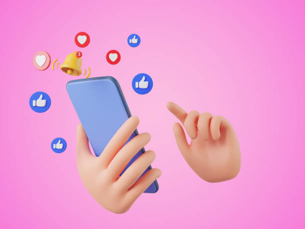 istock 3D cartoon hand holding smartphone Social network icon online communication application with smartphone concept 1467902095
