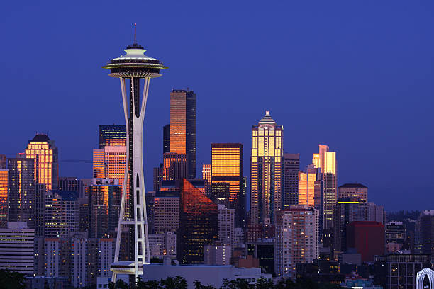 Seattle skyline after sunset from Kerry Park stock photo