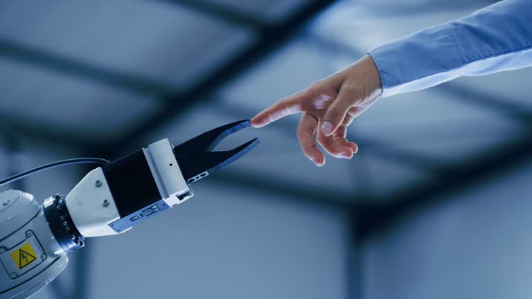 Ai, robotic arm touching human and futuristic technology, digital handshake, communication and cyber innovation. Contact, man and robot hands connect, automation and industrial evolution engineering.