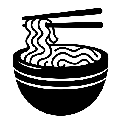 Chopsticks symbol scoops noodles in a bowl. Illustration black nooddle on white background.
