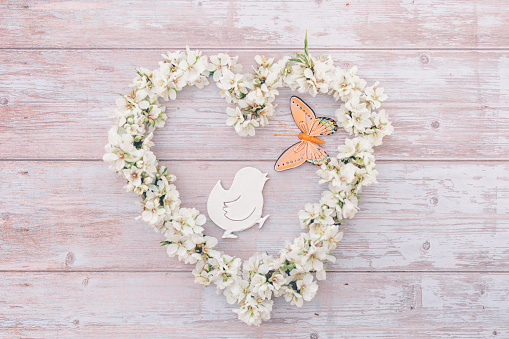 Flat lay of pastel colored still life of a white cute easter chick and an orange butterfly in the centre of an almond blossom heart shape on vintage wooden background. Color editing with added grain. Very selective and soft focus. Part of a series.