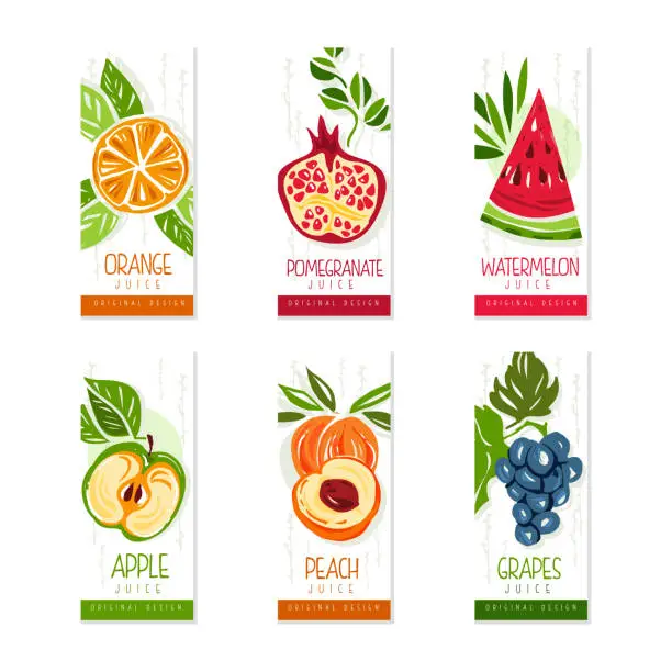 Vector illustration of Fresh fruit juice logo design set. Watermelon, orange, pomegranate, apple, grapes, peach juice labels, badges vector illustration