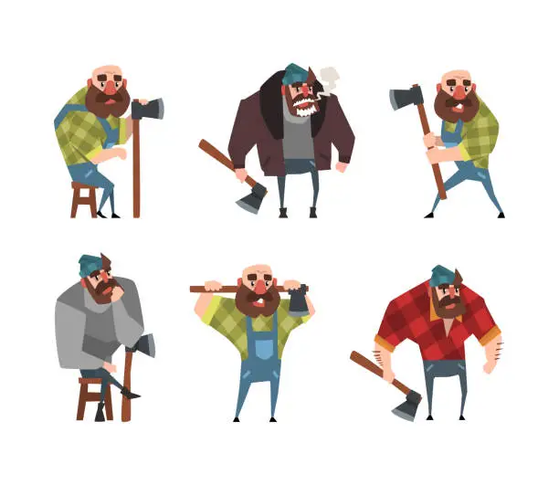 Vector illustration of Set of funny lumberjacks holding axes. Powerful loggers or woodcutters male characters cartoon vector illustration