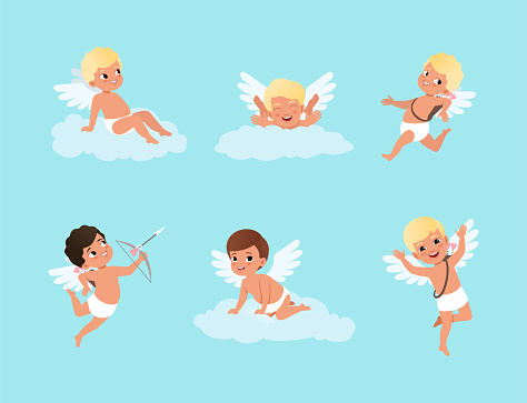 Cute Cupids, angels of love. Happy amur boys with wings shooting with bow and sitting on cloud cartoon vector illustration