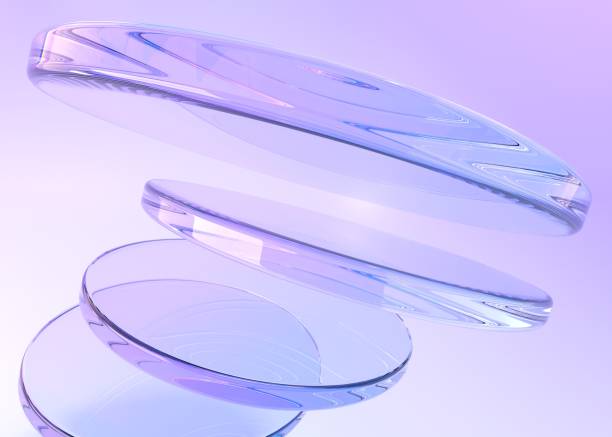 istock Crystal circle discs or plates, flying round disks, transparent cylinders on purple background closeup 3d render. Iridescent geometric shapes in motion, abstract wallpaper or backdrop 1467905863