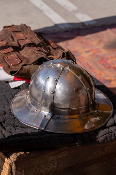 istock Medieval festival show, historical performance. Weapons, armor, utensils and objects of medieval life. 1467905875