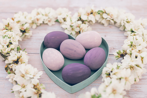 Pastel colored close up of pink and purple Easter eggs in heart shape box with almond blossom branches in a heart shape on soft pink wooden Background. Color editing with added grain. Very selective and soft focus. Part of a series.