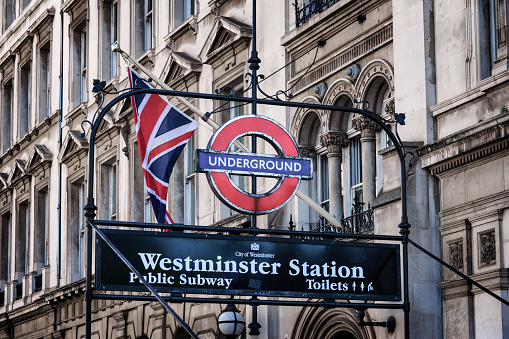 Westminster station underground sign in London, UK