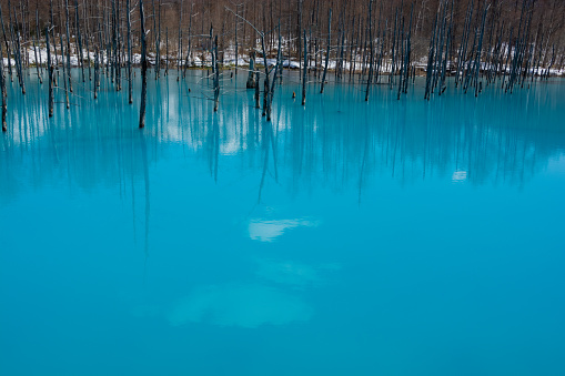 Blue pond in early spring with residual snow in Biei