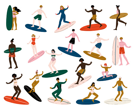 Man and Woman Surfer with Surfboard Riding on Moving Wave Big Vector Set. Young Male and Female Enjoying Summer Vacation on Sea Shore Engaged in Extreme Sport Activity Concept