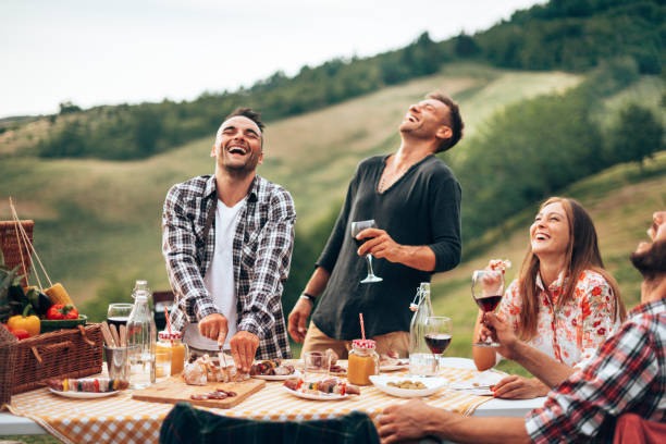 amigos brindando en el picnic - tasting women eating expressing positivity fotografías e imágenes de stock