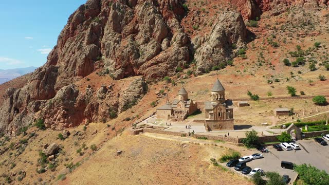 Aerial view Noravank monastery in Armenia, Caucasus. Red rocks and Noravank church.