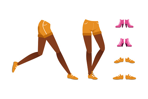 Legs of african american girl in shorts and shoes collection. Constructor for animation cartoon vector illustration isolated on white