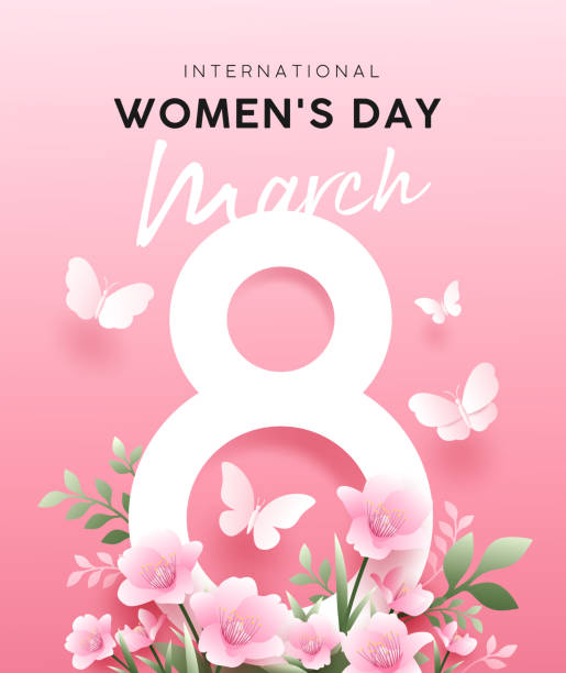 Dia internacional feliz das mulheres 8 marcha com flores e design do cartaz da borboleta no fundo rosa - ilustração de arte em vetor