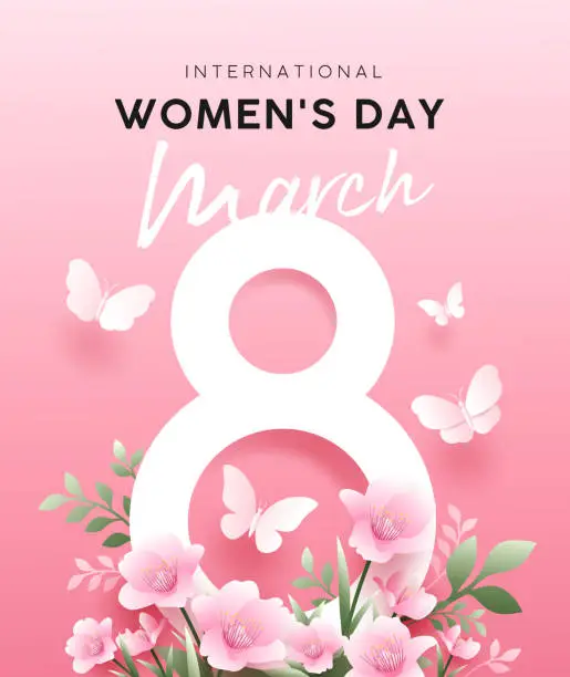 Vector illustration of International happy women's day 8 march with flowers and butterfly poster design on pink background