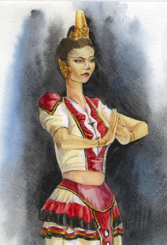 Watercolor of a Sri Lankan dancer in traditional costume