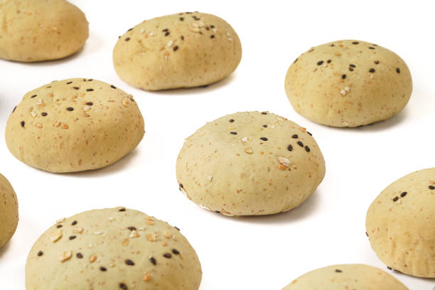 A pile of bread on a white background