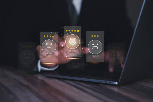 istock Customer service satisfaction survey concept, business people or customers express their satisfaction through applications on the tablet screen. By giving me the most satisfaction rating of 5 stars. 1467919992