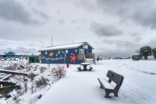 Campbell River, Canada – February 14, 2021: The blue Discovery Passage Aquarium with its sea creature covered walls and its parking lot covered in snow and an empty picnic table and bench.