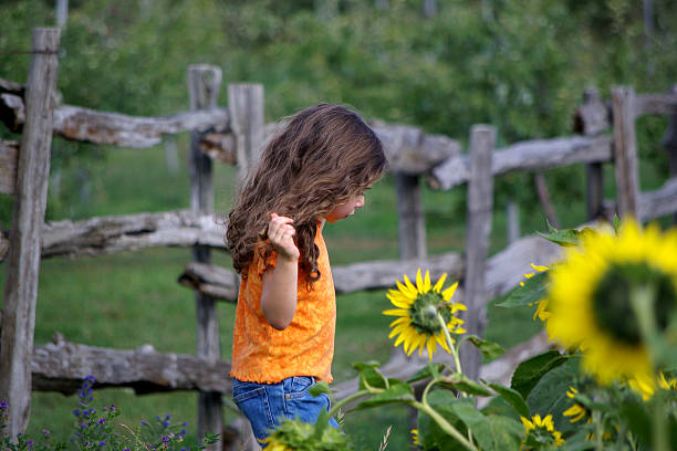 chica joven en flor patch - sunflower side view yellow flower fotografías e imágenes de stock