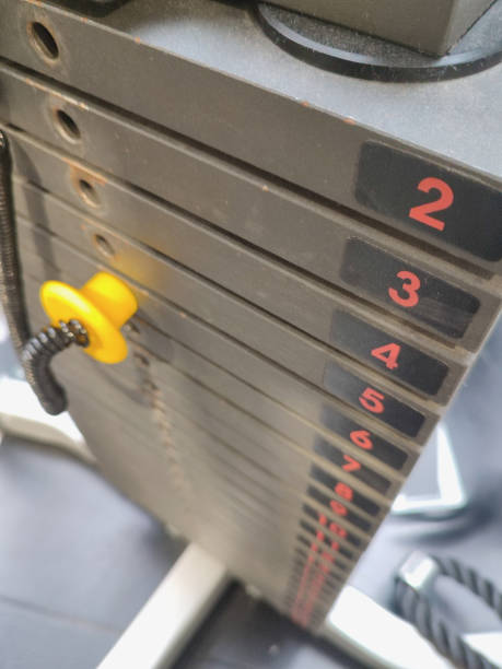 istock Weight plate on a gym machine, with a perspective effect. 1467921796